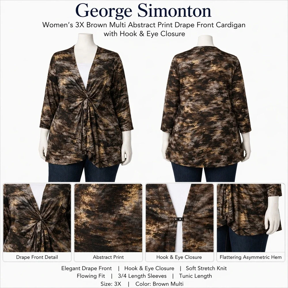 George Simonton Womens 3X Brown Multi Abstract Print Drape Front Cardigan A23032